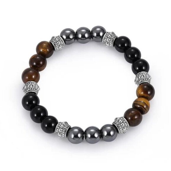 Brown Tiger's Eye, Black Obsidian & Hematite Natural Stone Beaded Bracelet NEW - Picture 2 of 6